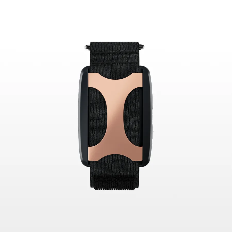 The Apollo Neuro wearable in a black band with a copper pod.