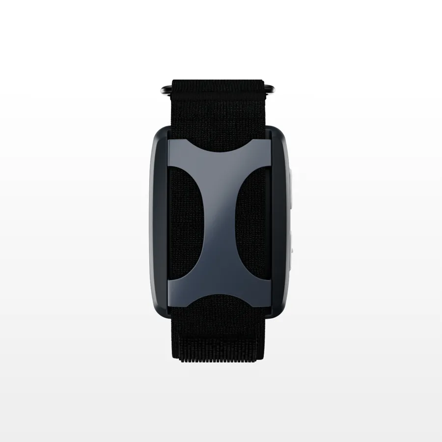 The Apollo Neuro wearable in a black band with a graphite pod.