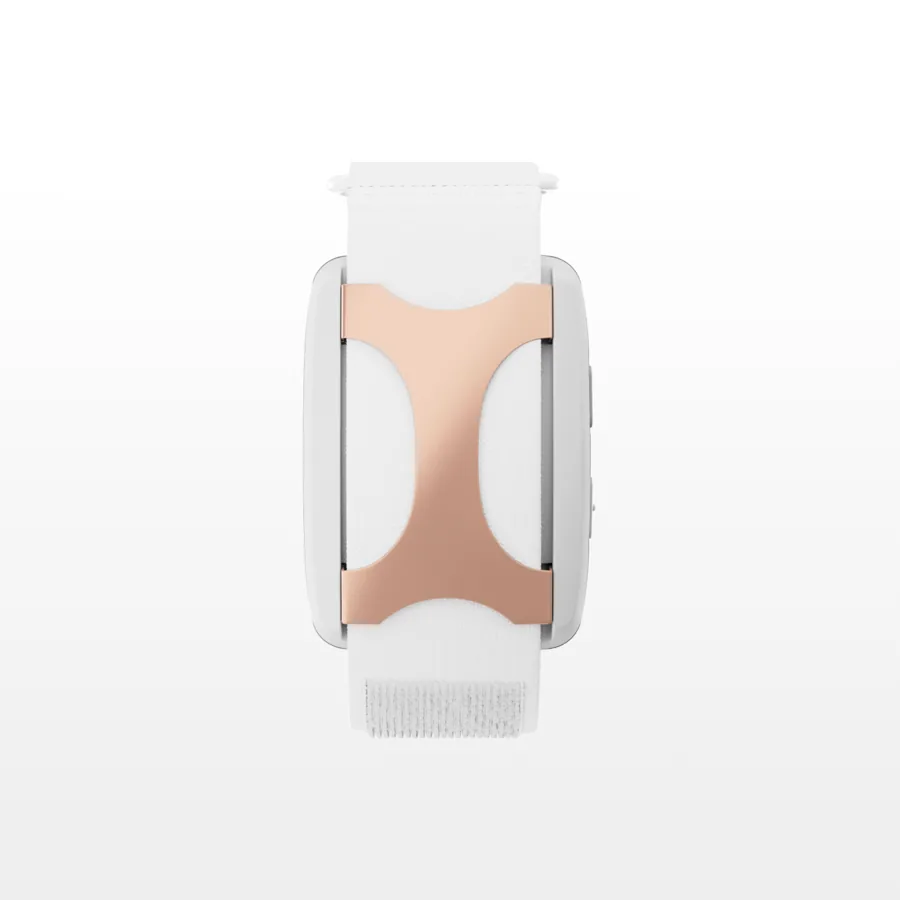 The Apollo Neuro wearable, a small vibrating pod seated in its adjustable band.