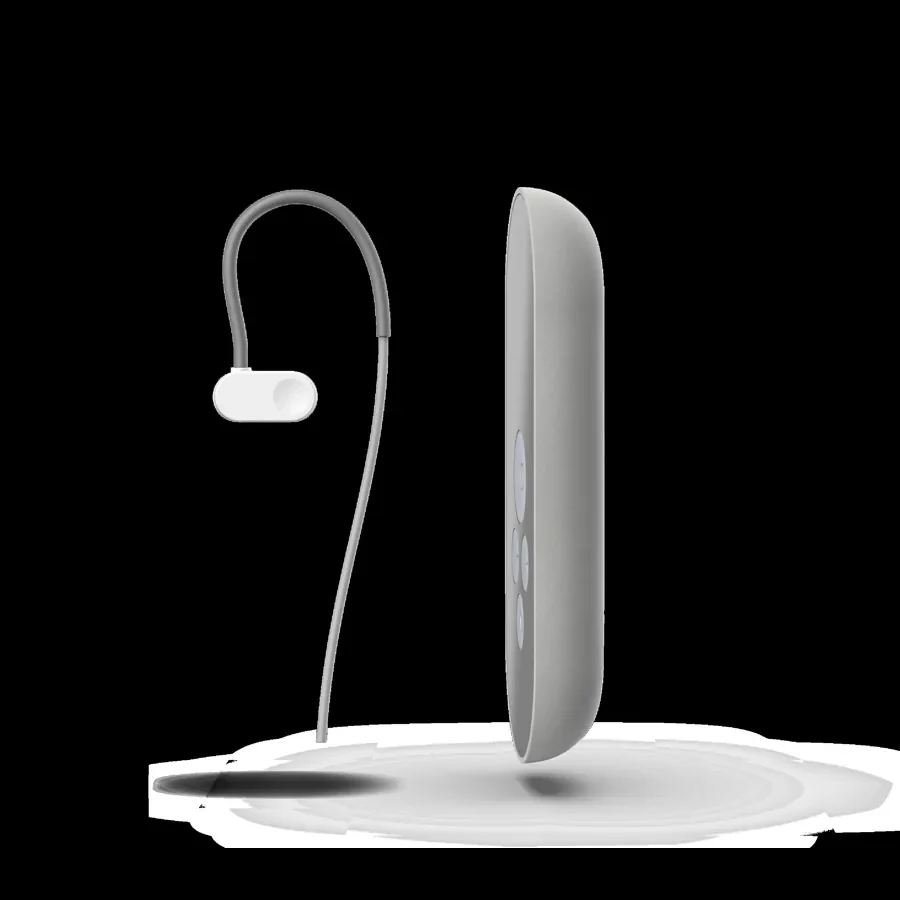 The Nurosym handheld unit and its ear clip electrode on a dark background.