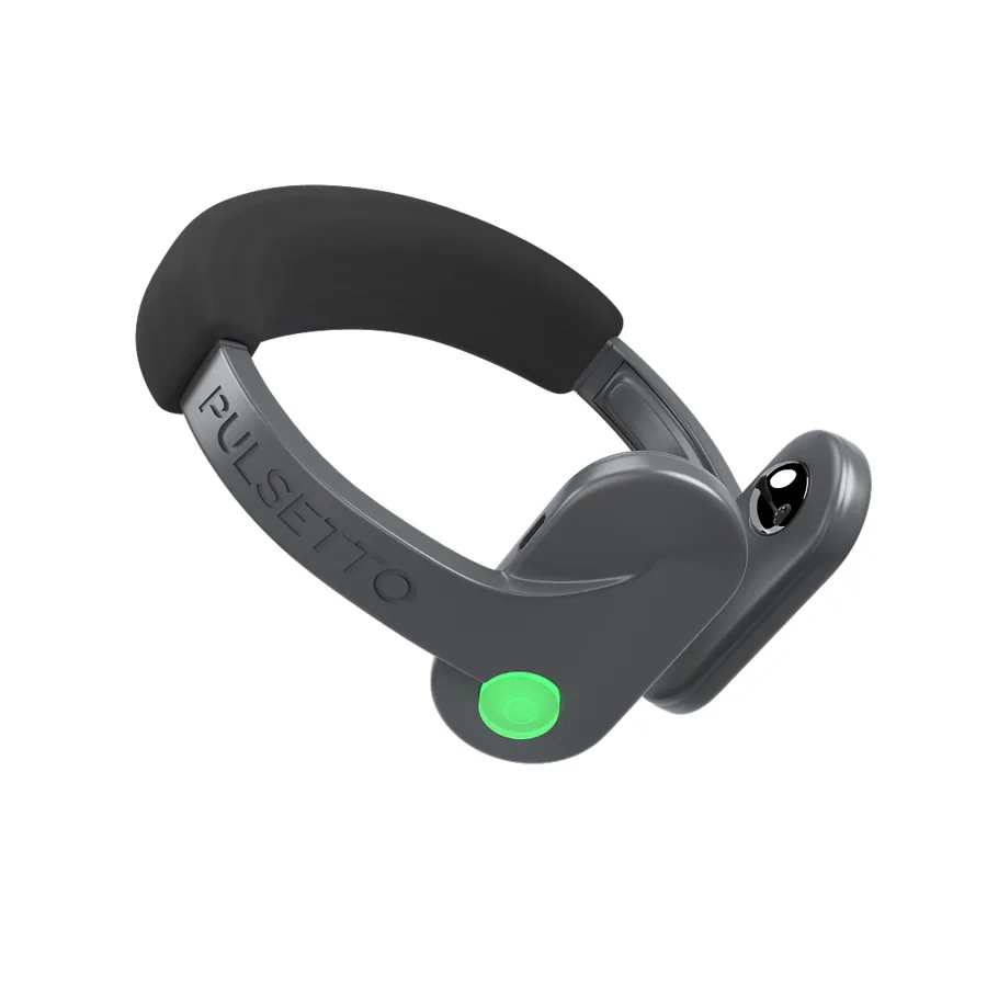 The Pulsetto neck-worn vagus nerve stimulator, a dark U-shaped collar with a green power button.