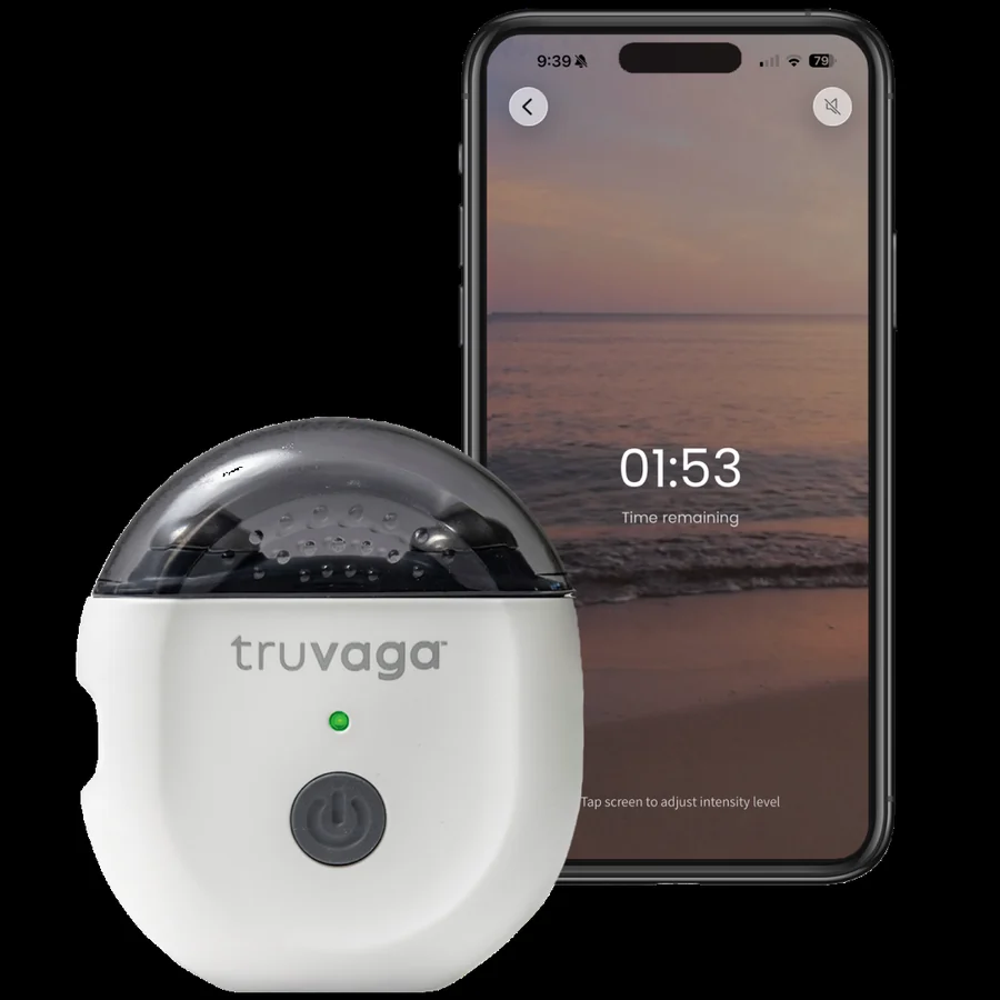 The Truvaga Plus handheld vagus nerve stimulator beside a phone showing its two-minute session timer.